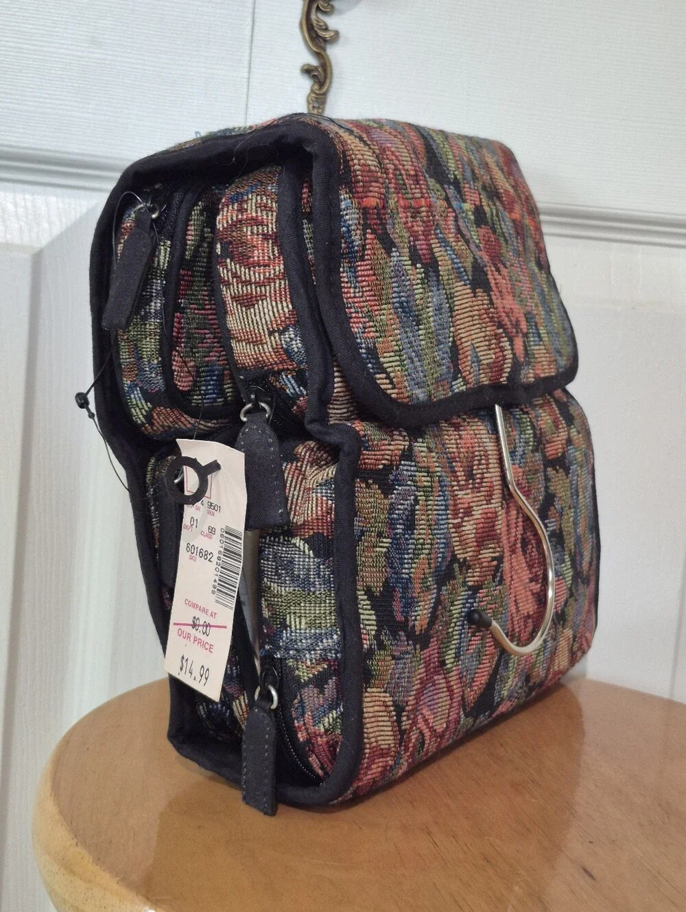 NWTs Vintage black floral tapestry cosmetics and toiletry bag with hanger